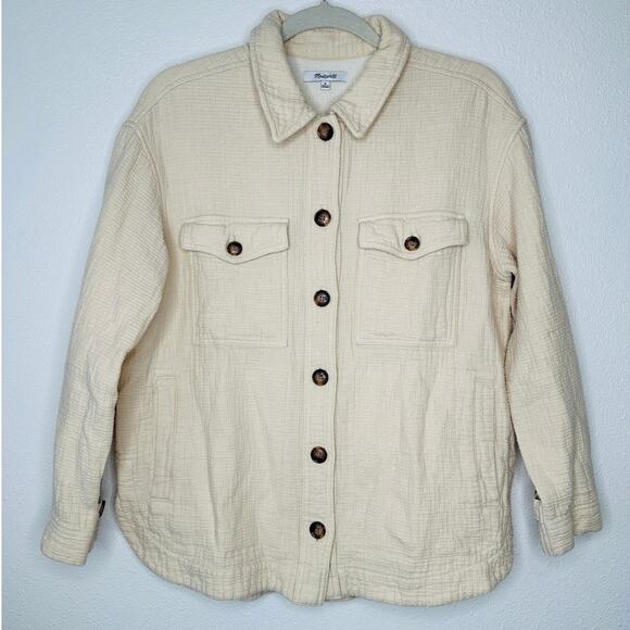 Madewell Oatmeal Long Sleeve Button Front Pocketed Waffle Pattern Shirt Jacket - Picture 2 of 12